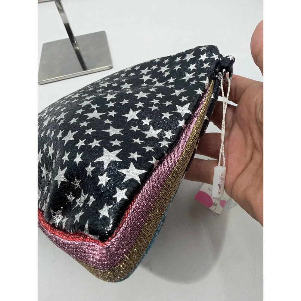 Bari Lynn Black Silver Star Wristlet Pouch Glitter Stripe Bag 11437 NWT